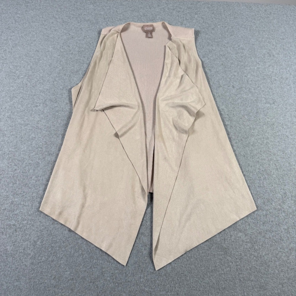 Chicos Faux Suede Ribbed Knit Open Front Draped Vest Tan Beige Size 2 L Large